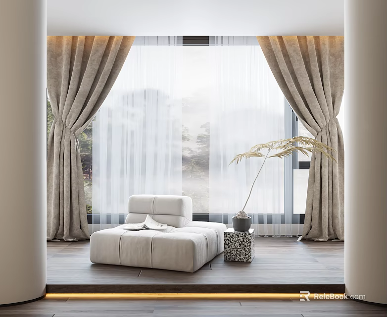 Beige Linen Curtains With Sheer Panels In Cozy Lounge With White Chair And Potted Plant 3d model 