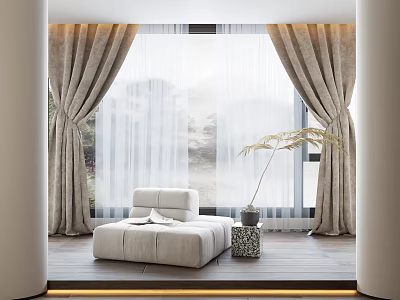 Beige Linen Curtains With Sheer Panels In Cozy Lounge With White Chair And Potted Plant 3d model