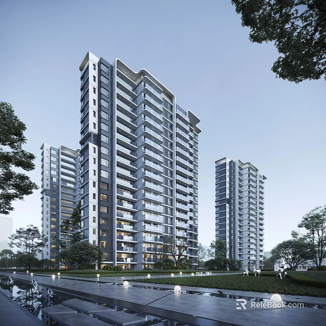 Multiple Modern High Rise Residential Buildings With Green Landscaping And Trees 3d model 