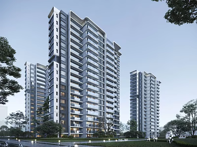 Multiple Modern High Rise Residential Buildings With Green Landscaping And Trees 3d model
