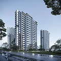 Multiple Modern High Rise Residential Buildings With Green Landscaping And Trees
