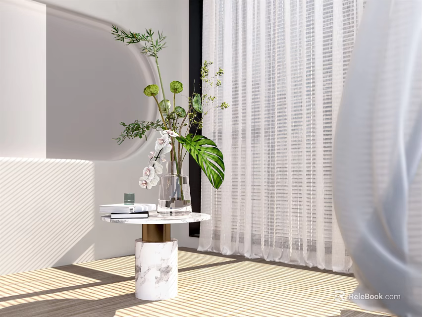 Modern Interior Floral Arrangement in Vase on Marble Side Table with White Curtains 3d model 