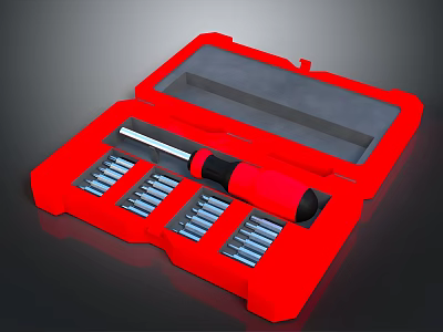 Red Hardware Tool Set With Screwdriver And Multiple Bits In Case 3d model