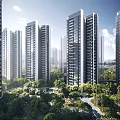Modern High Rise Residential Buildings With Landscaped Gardens And Glass Curtain Walls