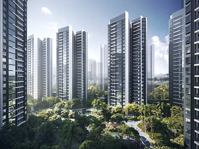 Modern High Rise Residential Buildings With Landscaped Gardens And Glass Curtain Walls 3d model