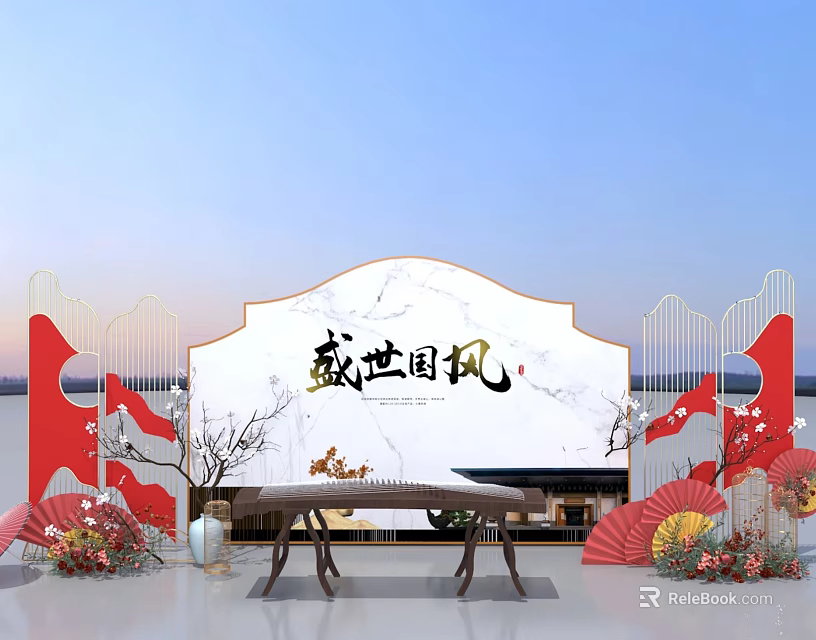 Splendid Chinese National Style Decor Featuring Red Ornaments Screen Guzheng And Fans 3d model 