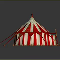 Red and White Striped Circus Style Tent With Pointed Top Support Ropes And Decorative Balls
