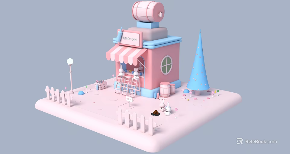 Pink Cafe Shop Commercial Equipment With Striped Awning Tables Chairs And Blue Cone Decoration 3d model 