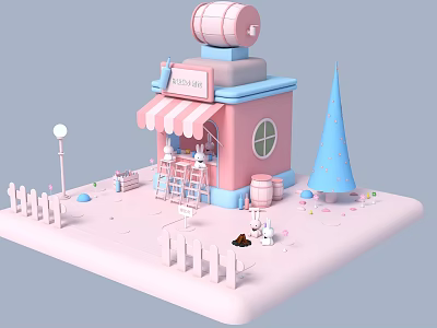 Pink Cafe Shop Commercial Equipment With Striped Awning Tables Chairs And Blue Cone Decoration 3d model