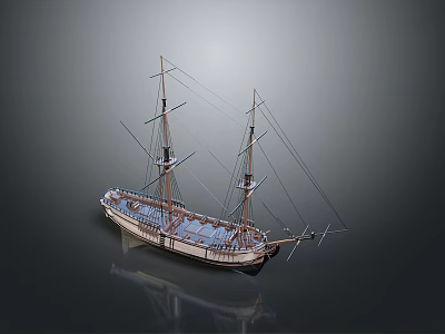 Detailed Wooden Sailboat Model With Two Masts And Reflected Surface on Gray Background 3d model