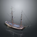 Detailed Wooden Sailboat Model With Two Masts And Reflected Surface on Gray Background