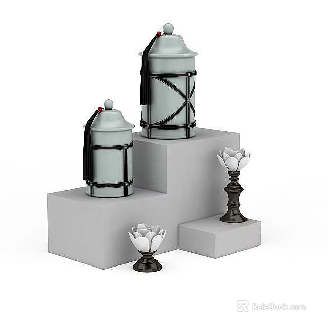 Modern Stylish Living Room Decor With Exquisite Ceramic Jars And Lotus Shaped Candlestick Ornaments 3d model 