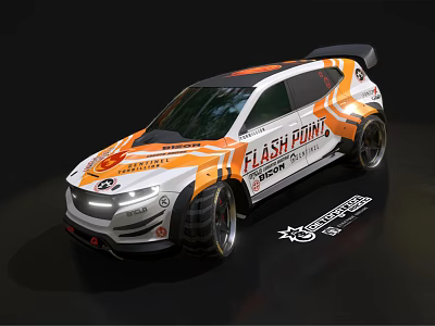 Orange And White Flash Punx Racing Car With Dynamic Design And Large Wheels 3d model