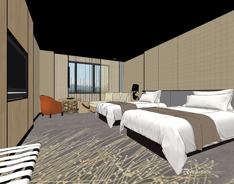 Modern Hotel Guest Room With Two Beds Sofa TV Large Window And Decorative Carpet 3d model 