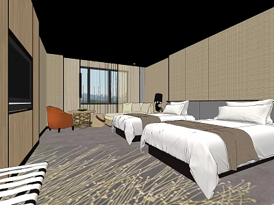 Modern Hotel Guest Room With Two Beds Sofa TV Large Window And Decorative Carpet 3d model