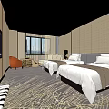 Modern Hotel Guest Room With Two Beds Sofa TV Large Window And Decorative Carpet