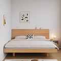 Double Bed with Wooden Frame Bedside Table Lamp Wall Art White Blinds and Green Plant