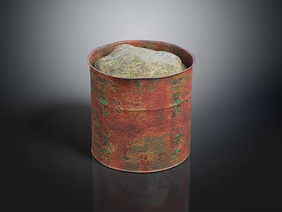 Rusty Red Cylindrical Metal Container With Green Patina And Stone Inside 3d model