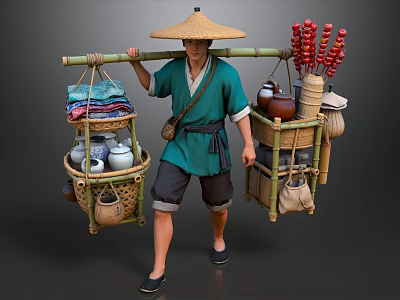 Man Wearing Straw Hat Carrying Bamboo Pole With Bamboo Baskets Holding Fabrics Teapots Candied Hawthorns 3d model
