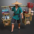 Man Wearing Straw Hat Carrying Bamboo Pole With Bamboo Baskets Holding Fabrics Teapots Candied Hawthorns
