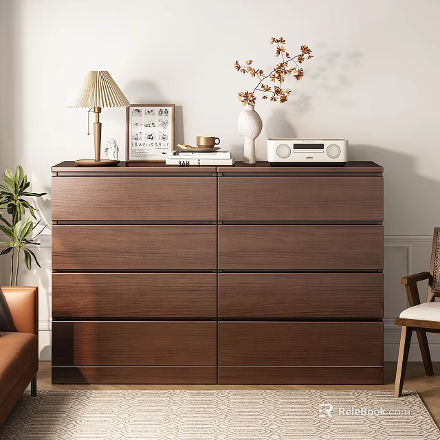 Wooden Dresser With Lamp Picture Frame Vase And Radio In Living Interior 3d model 