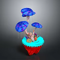 Colorful 3D Fantasy Mushroom Sculpture With Blue Purple Caps Red Base And Light Blue Details
