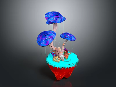 Colorful 3D Fantasy Mushroom Sculpture With Blue Purple Caps Red Base And Light Blue Details 3d model