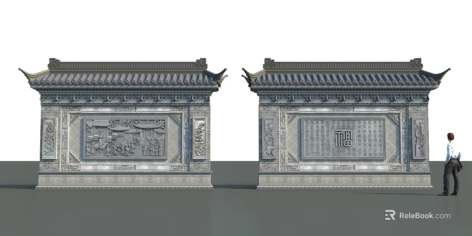 Ancient Chinese Architecture Symmetrical Walls With Traditional Roof And Stone Relief Carvings 3d model 