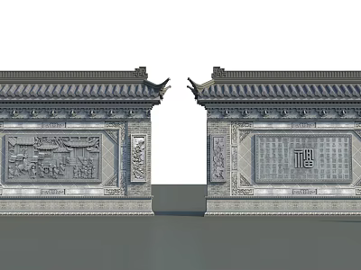 Ancient Chinese Architecture Symmetrical Walls With Traditional Roof And Stone Relief Carvings 3d model