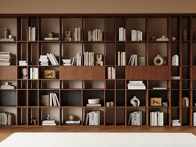 Modern Wooden Bookshelf Interior Design With Stacked Books And Decorative Items 3d model