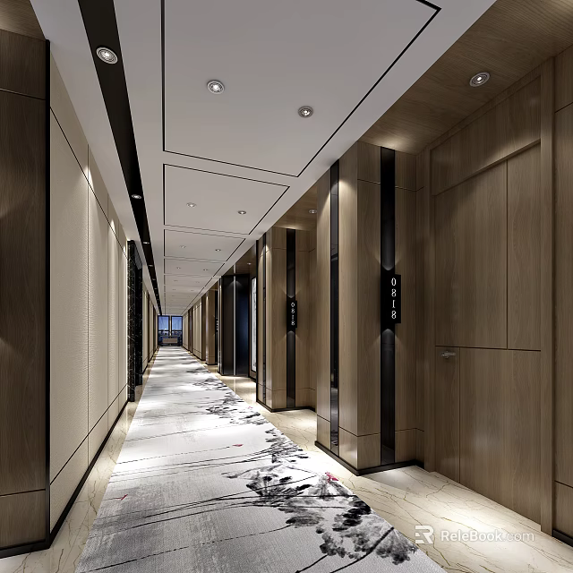 Modern Hotel Corridor Design With Wooden Walls Patterned Carpet And Ceiling Lights 3d model 
