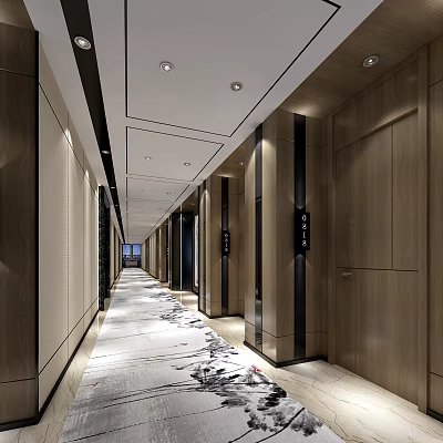 Modern Hotel Corridor Design With Wooden Walls Patterned Carpet And Ceiling Lights 3d model