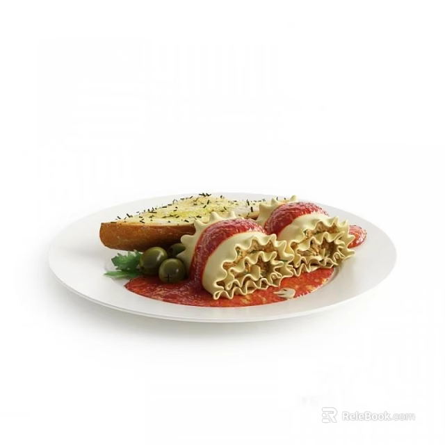 Delicious Stuffed Pasta Rolls on White Plate with Red Sauce Olives and Toasted Bread 3d model 