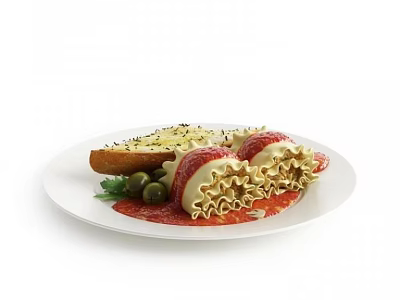 Delicious Stuffed Pasta Rolls on White Plate with Red Sauce Olives and Toasted Bread 3d model