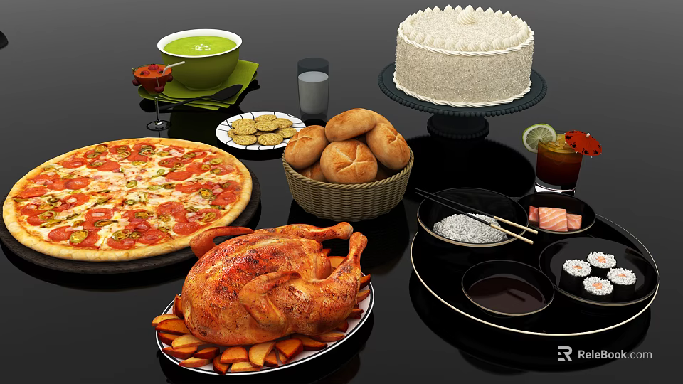 Assorted Delicious Food Feast With Pizza Roasted Chicken Cake Bread Rolls Sushi And Drinks 3d model 