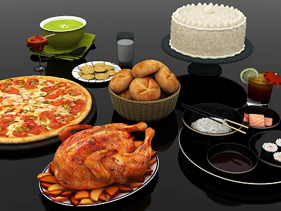 Assorted Delicious Food Feast With Pizza Roasted Chicken Cake Bread Rolls Sushi And Drinks 3d model