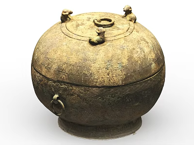 Ancient Ceramic Vessel With Lid Carved Patterns Ring Handles And Small Figurines 3d model