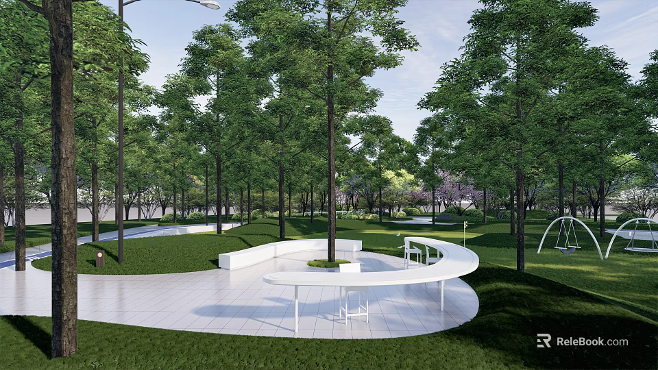 Scenic Park Landscape With Lush Green Trees Well Maintained Lawn And White Seating Area 3d model 