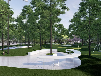 Scenic Park Landscape With Lush Green Trees Well Maintained Lawn And White Seating Area 3d model