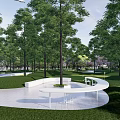 Scenic Park Landscape With Lush Green Trees Well Maintained Lawn And White Seating Area