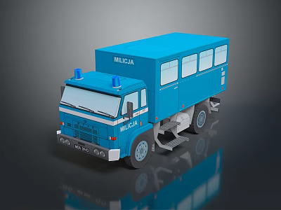 Blue Ambulance Model With Emergency Lights And Windows On Dark Surface 3d model