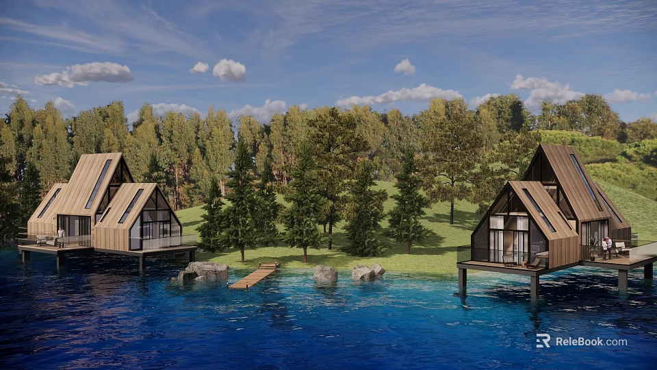 Scenic Wooden Cabins Over Lake Surrounded By Green Trees Blue Sky And White Clouds 3d model 