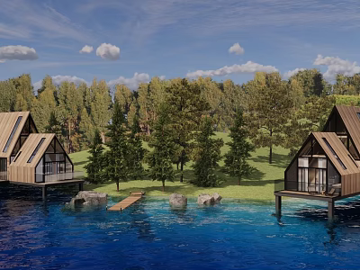 Scenic Wooden Cabins Over Lake Surrounded By Green Trees Blue Sky And White Clouds 3d model