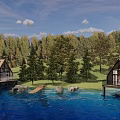Scenic Wooden Cabins Over Lake Surrounded By Green Trees Blue Sky And White Clouds