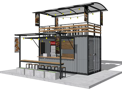 Mall Shop With Container Structure Awning String Lights Coca-Cola Sign Bar Counter And Bench 3d model