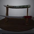 Traditional Decorative Weapon with Long Silver Blade Red Handle Ornate Sheath on Wooden Display Stand