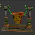 3D Model of Cheese Block Supported by Green Brackets Springs and Wooden Base