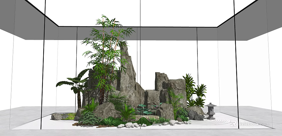 Courtyard Garden Design With Bamboo Rock Formation Green Plants Stone Lantern And Pebbles 3d model 