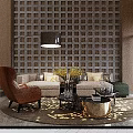 Hotel Lobby Interior Design With Grid Wall Brown Armchair Beige Sofa And Gold Coffee Table