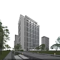 Modern High Rise Residential Building With Glass Curtain Wall And Greenery Pathway